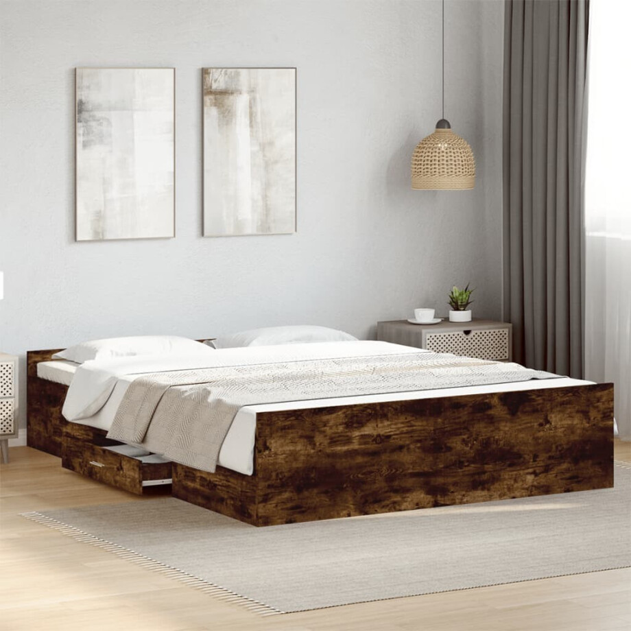 vidaXL Bedframe met lades bewerkt hout gerookt eikenkleurig 150x200 cm vidaXL Bedframe met lades bewerkt hout gerookt eikenkleurig 150x200 cm afbeelding 1