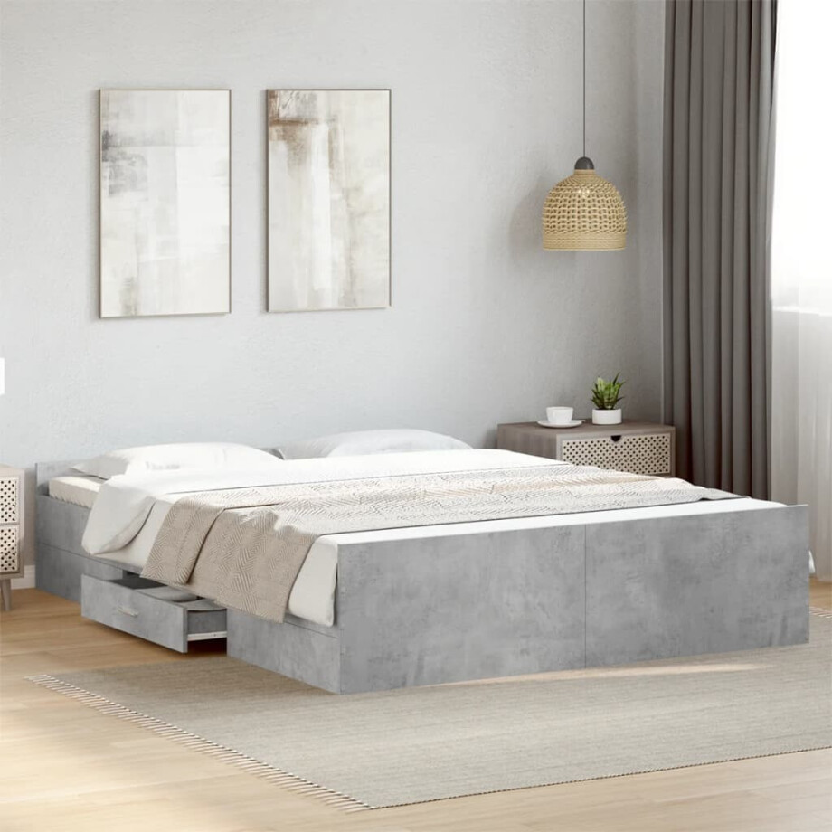 vidaXL Bedframe met lades bewerkt hout betongrijs 140x200 cm afbeelding 1