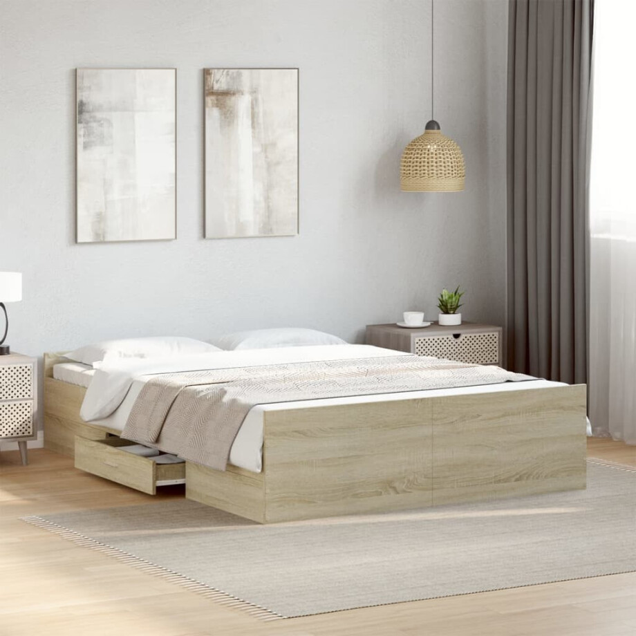 vidaXL Bedframe met lades bewerkt hout sonoma eikenkleurig 135x190 cm afbeelding 1