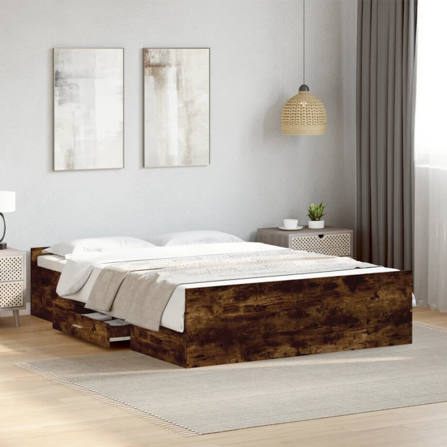 vidaXL Bedframe met lades bewerkt hout gerookt eikenkleurig 135x190 cm vidaXL Bedframe met lades bewerkt hout gerookt eikenkleurig 135x190 cm afbeelding 1