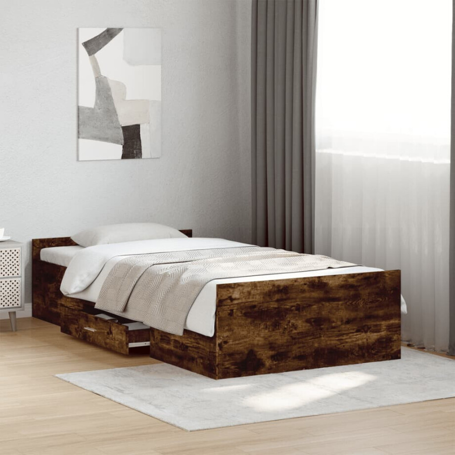 vidaXL Bedframe met lades bewerkt hout gerookt eikenkleurig 100x200 cm afbeelding 1