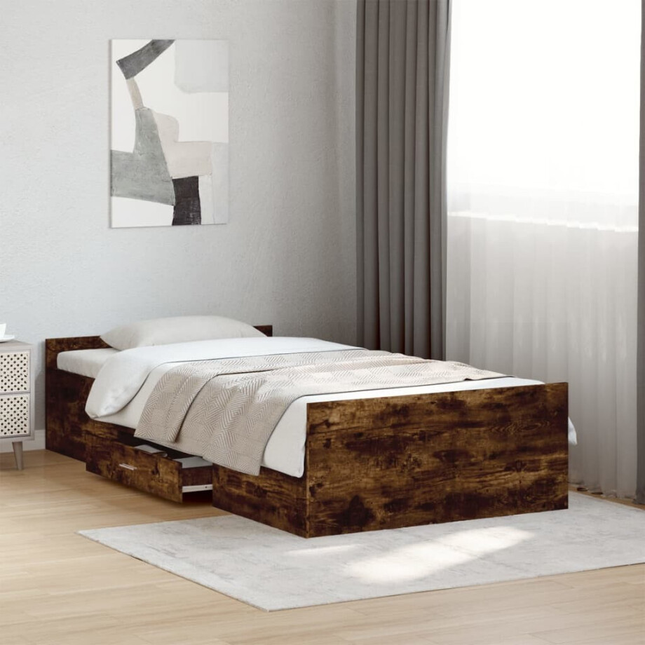 vidaXL Bedframe met lades bewerkt hout gerookt eikenkleurig 90x200 cm vidaXL Bedframe met lades bewerkt hout gerookt eikenkleurig 90x200 cm afbeelding 1