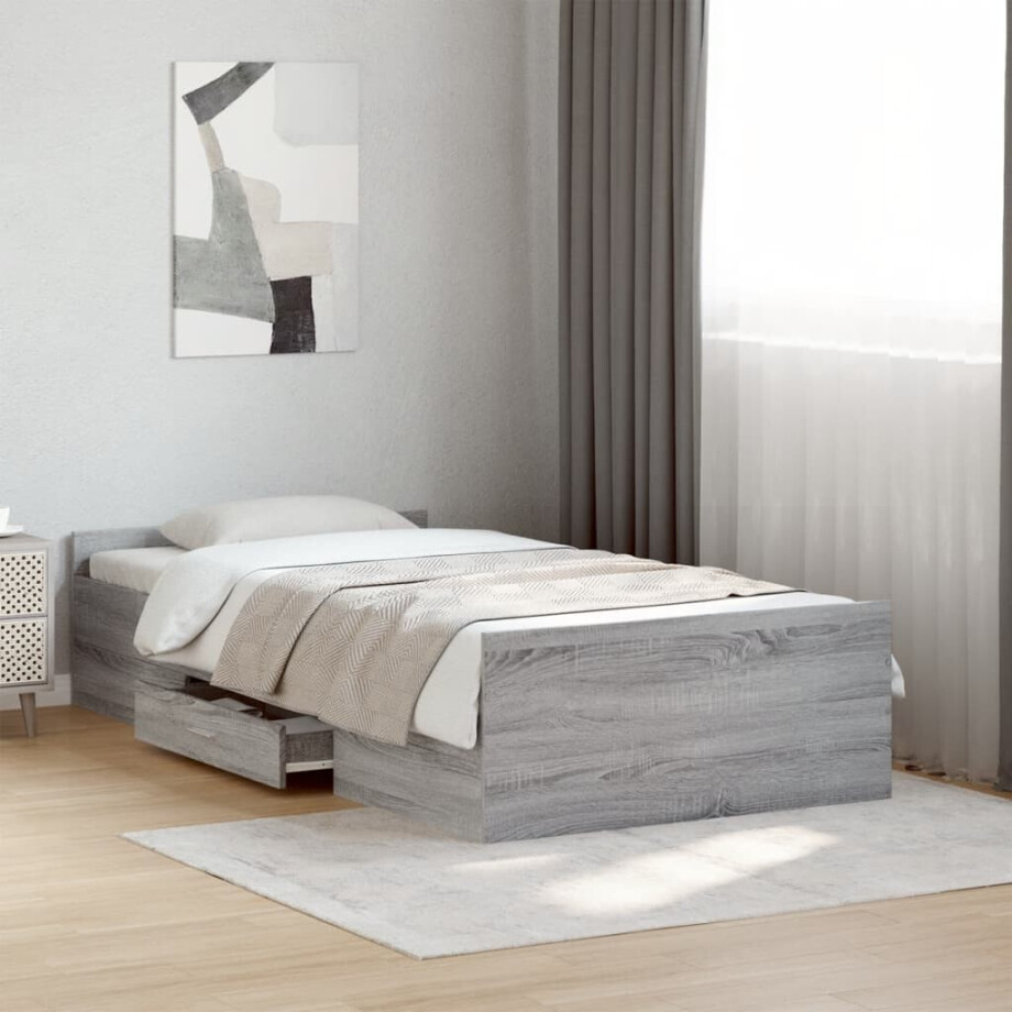 vidaXL Bedframe met lades bewerkt hout grijs sonoma eiken 75x190 cm afbeelding 1