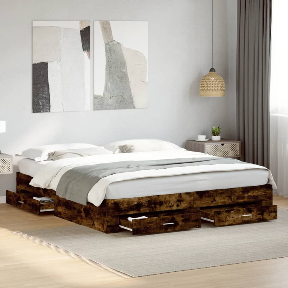 vidaXL Bedframe met lades bewerkt hout gerookt eikenkleurig 180x200 cm vidaXL Bedframe met lades bewerkt hout gerookt eikenkleurig 180x200 cm afbeelding 1