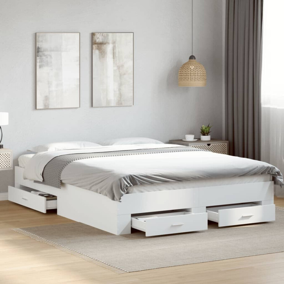 vidaXL Bedframe met lades bewerkt hout wit 160x200 cm vidaXL Bedframe met lades bewerkt hout wit 160x200 cm afbeelding 1
