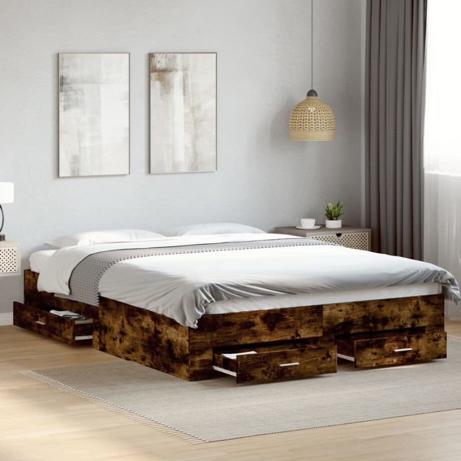 vidaXL Bedframe met lades bewerkt hout gerookt eikenkleurig 160x200 cm vidaXL Bedframe met lades bewerkt hout gerookt eikenkleurig 160x200 cm afbeelding 1