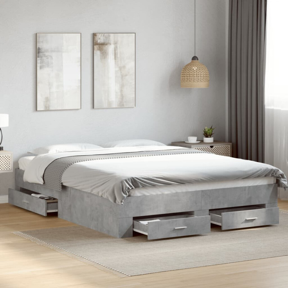 vidaXL Bedframe met lades bewerkt hout betongrijs 150x200 cm afbeelding 1