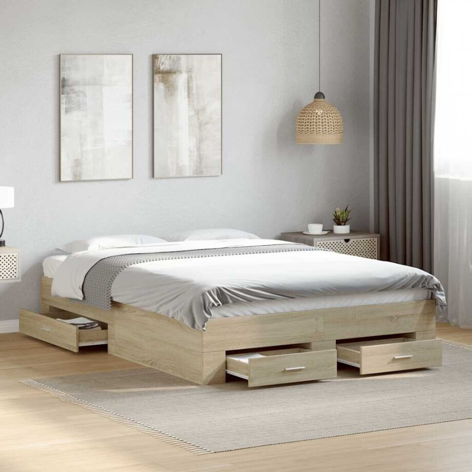vidaXL Bedframe met lades bewerkt hout sonoma eikenkleurig 135x190 cm vidaXL Bedframe met lades bewerkt hout sonoma eikenkleurig 135x190 cm afbeelding 1