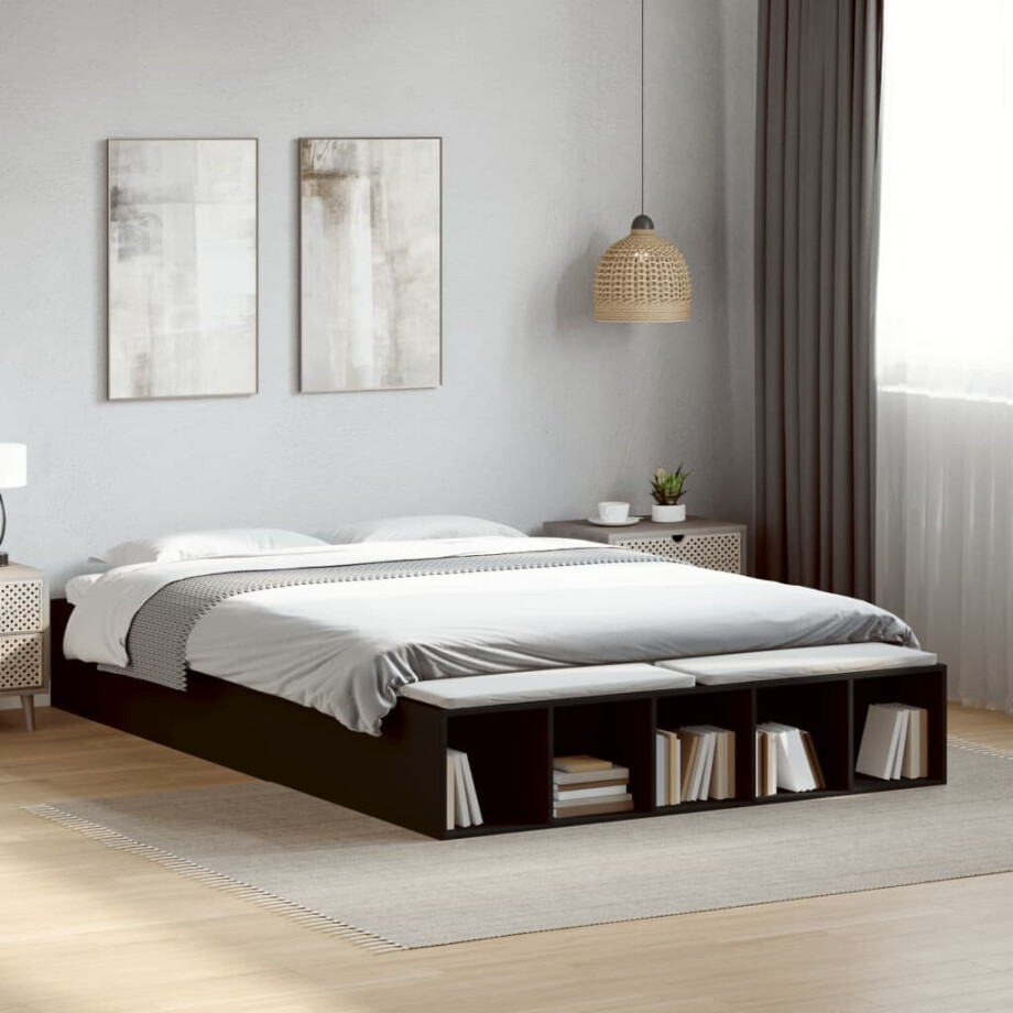 vidaXL Bedframe bewerkt hout zwart 150x200 cm vidaXL Bedframe bewerkt hout zwart 150x200 cm afbeelding 1