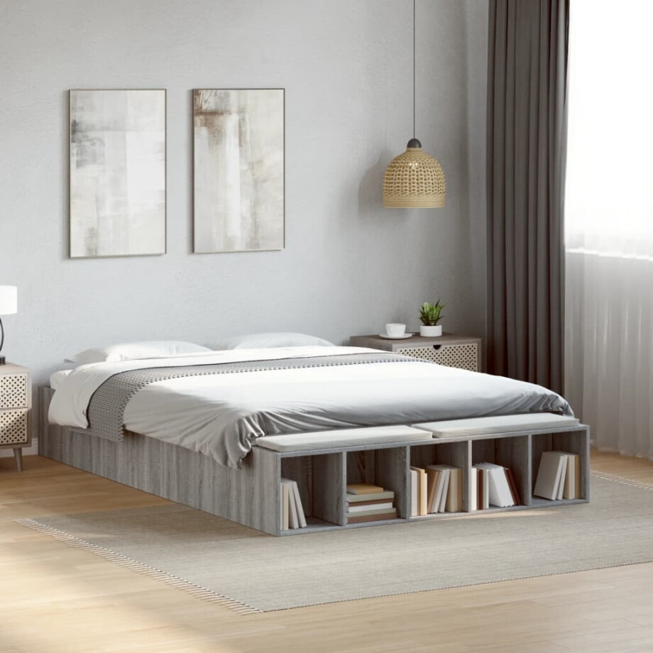 vidaXL Bedframe bewerkt hout grijs sonoma eikenkleurig 140x190 cm afbeelding 1