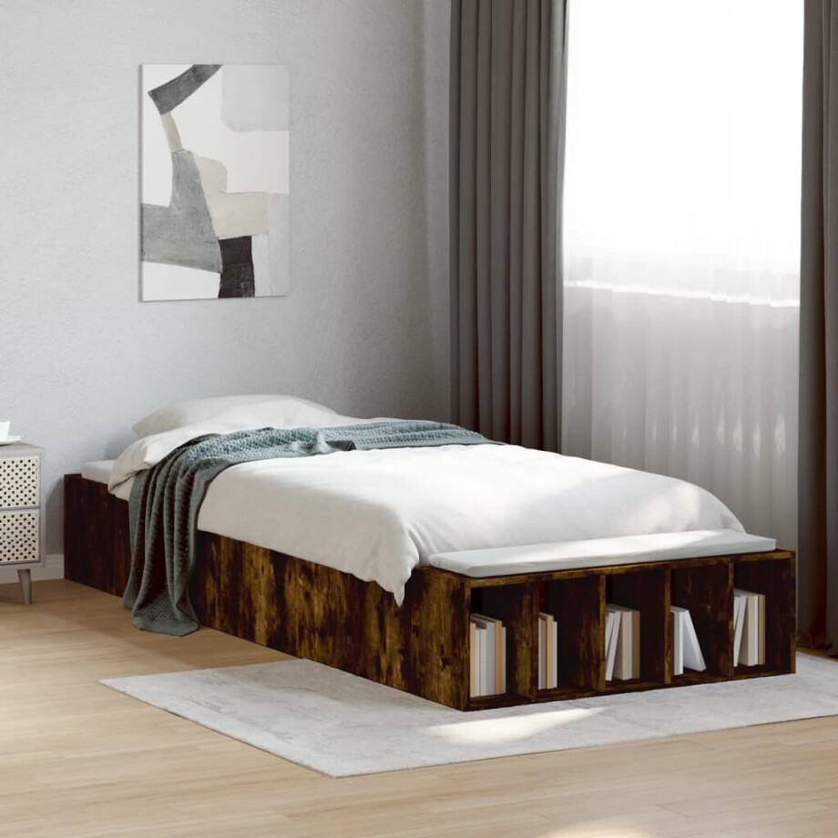 vidaXL Bedframe bewerkt hout gerookt eikenkleurig 90x200 cm vidaXL Bedframe bewerkt hout gerookt eikenkleurig 90x200 cm afbeelding 1