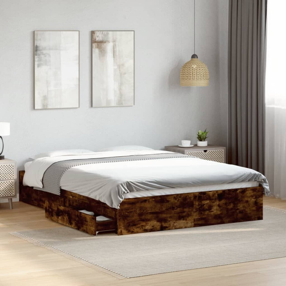 vidaXL Bedframe met lades bewerkt hout gerookt eikenkleurig 135x190 cm afbeelding 1