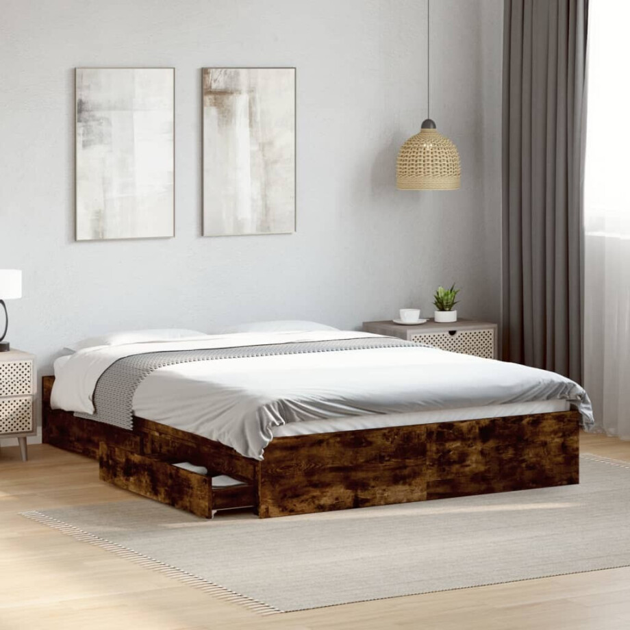 vidaXL Bedframe met lades bewerkt hout gerookt eikenkleurig 120x190 cm vidaXL Bedframe met lades bewerkt hout gerookt eikenkleurig 120x190 cm afbeelding 1