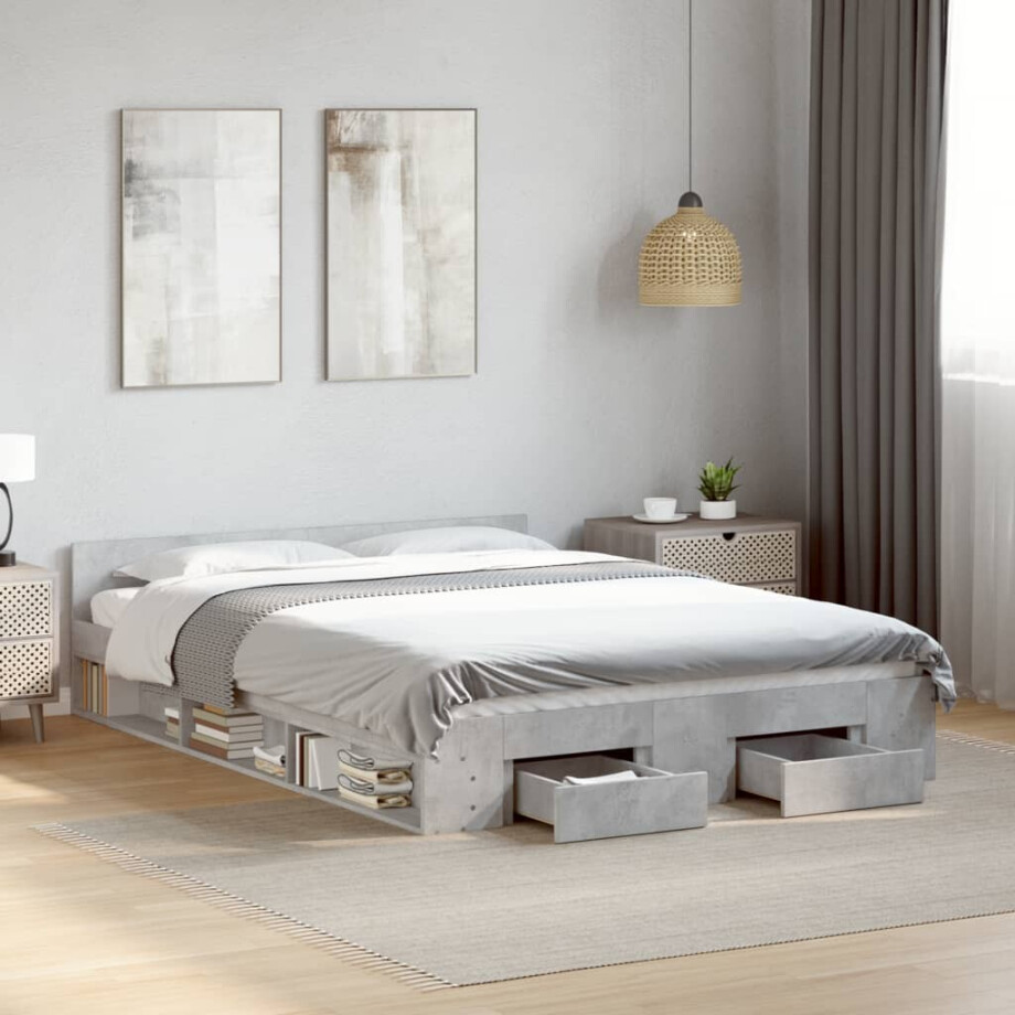 vidaXL Bedframe met lades bewerkt hout betongrijs 150x200 cm afbeelding 1