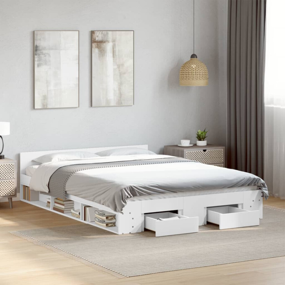vidaXL Bedframe met lades bewerkt hout wit 140x190 cm afbeelding 1