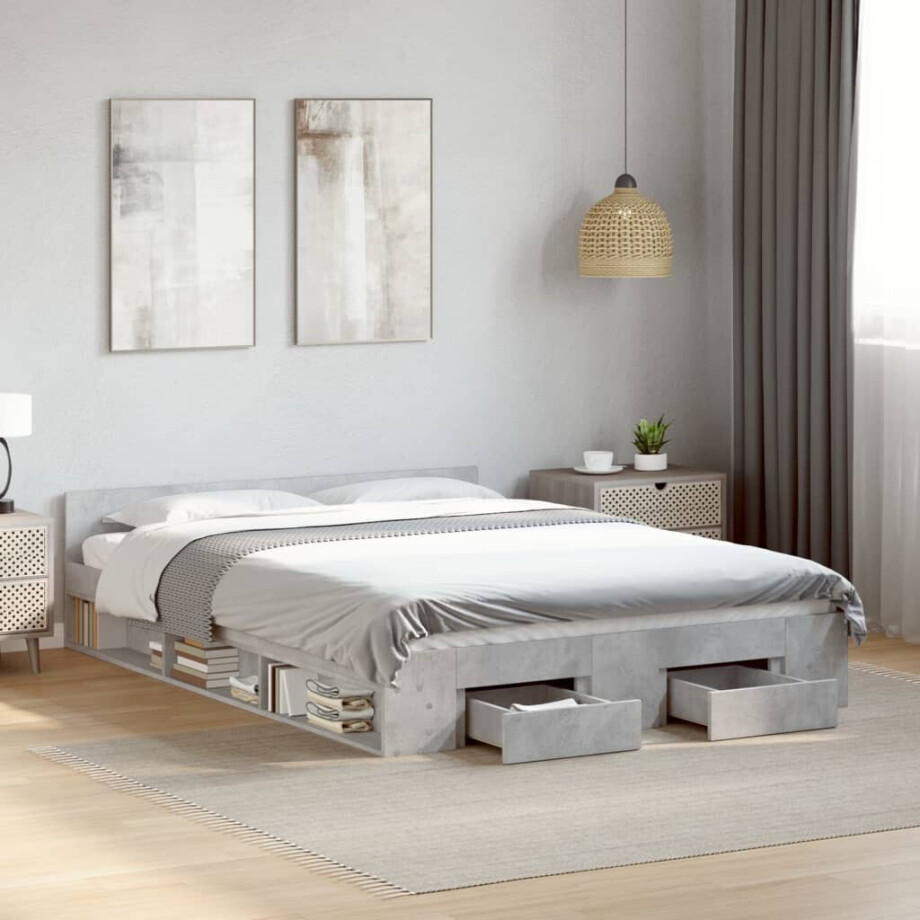 vidaXL Bedframe met lades bewerkt hout betongrijs 135x190 cm vidaXL Bedframe met lades bewerkt hout betongrijs 135x190 cm afbeelding 1