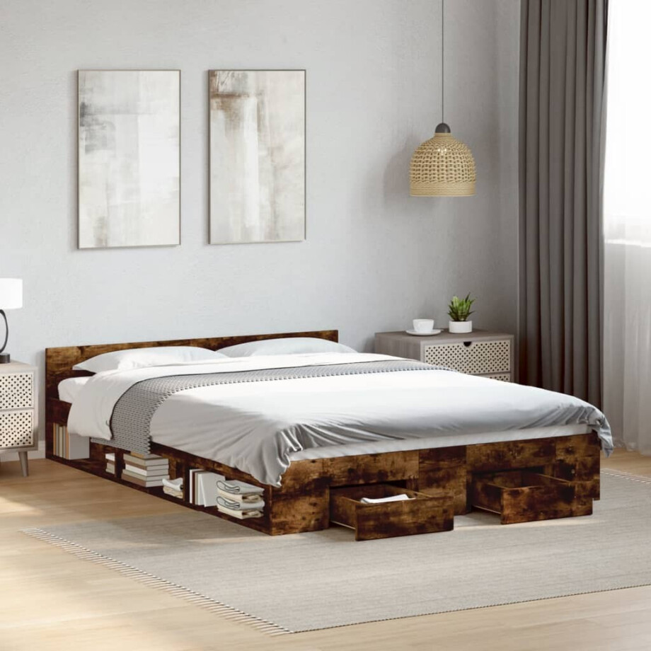 vidaXL Bedframe met lades bewerkt hout gerookt eikenkleurig 135x190 cm afbeelding 1