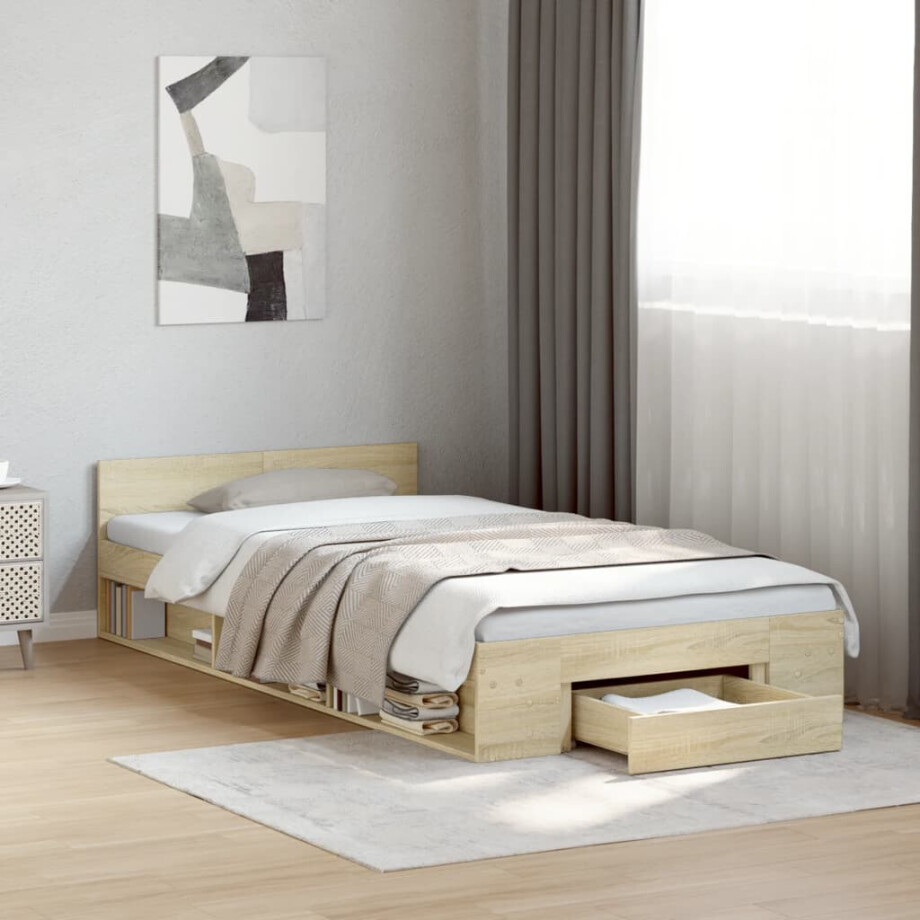 vidaXL Bedframe met lade bewerkt hout sonoma eikenkleurig 90x190 cm afbeelding 1