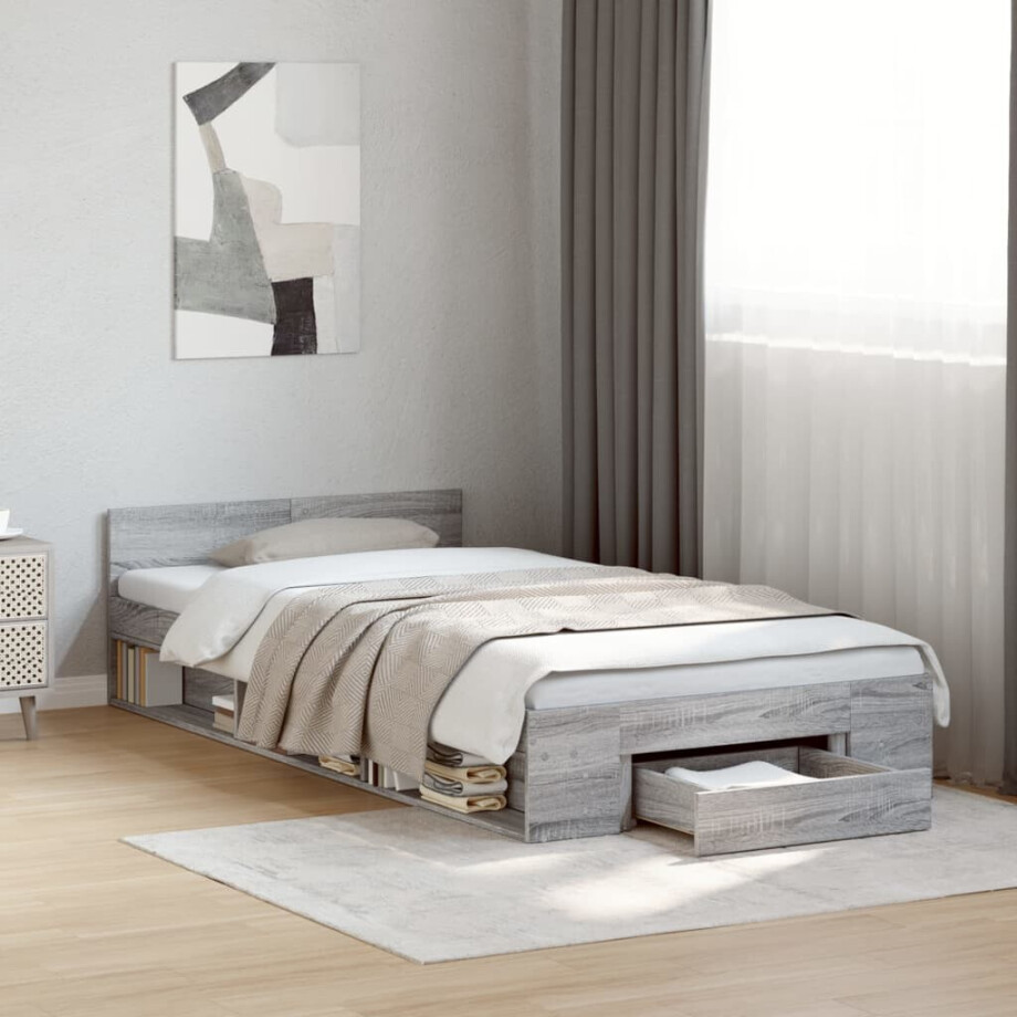 vidaXL Bedframe met lade bewerkt hout grijs sonoma eiken 90x190 cm afbeelding 1