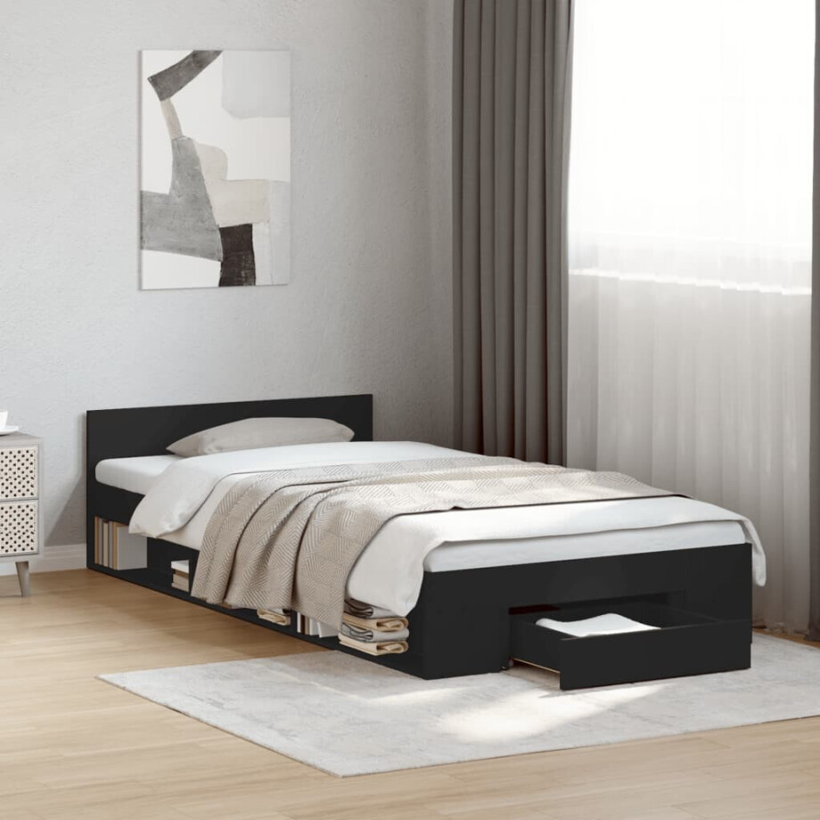 vidaXL Bedframe met lade bewerkt hout zwart 100x200 cm afbeelding 1