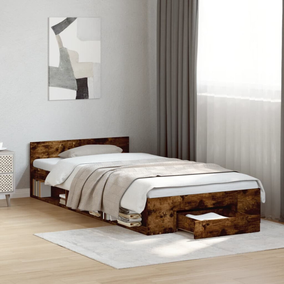 vidaXL Bedframe met lade bewerkt hout gerookt eikenkleurig 90x200 cm vidaXL Bedframe met lade bewerkt hout gerookt eikenkleurig 90x200 cm afbeelding 1