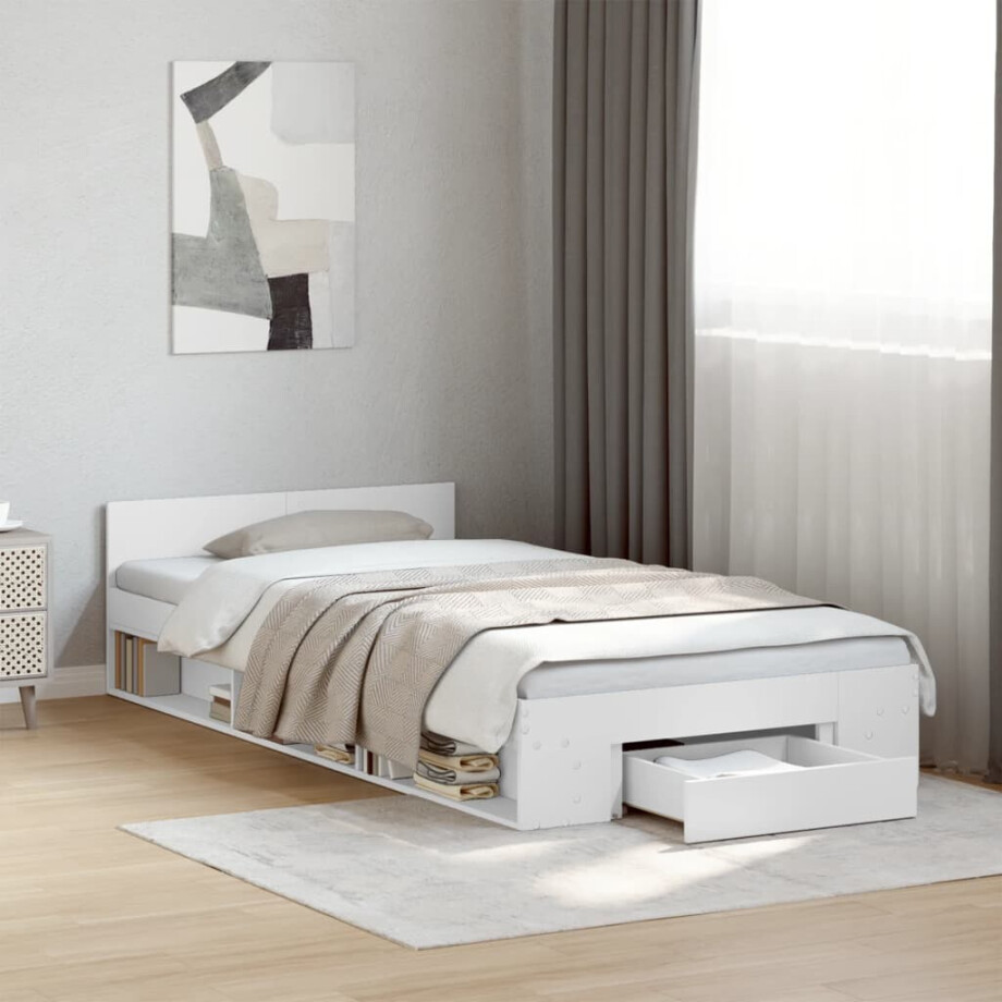 vidaXL Bedframe met lade bewerkt hout wit 75x190 cm afbeelding 1