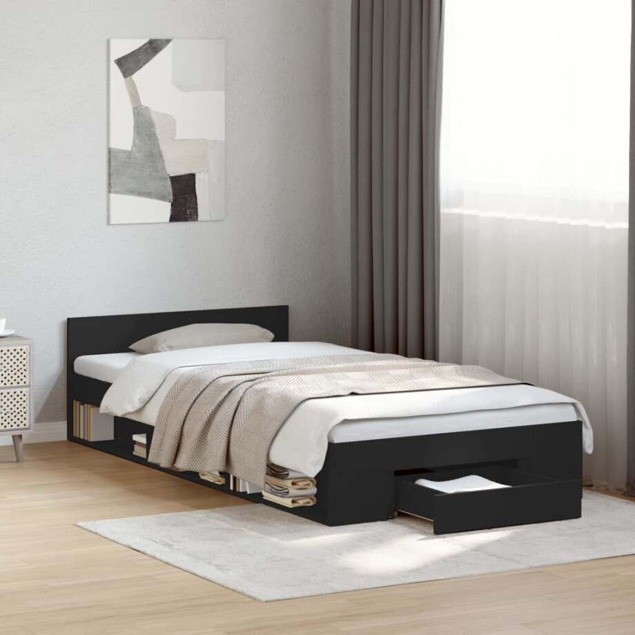 vidaXL Bedframe met lade bewerkt hout zwart 75x190 cm afbeelding 1