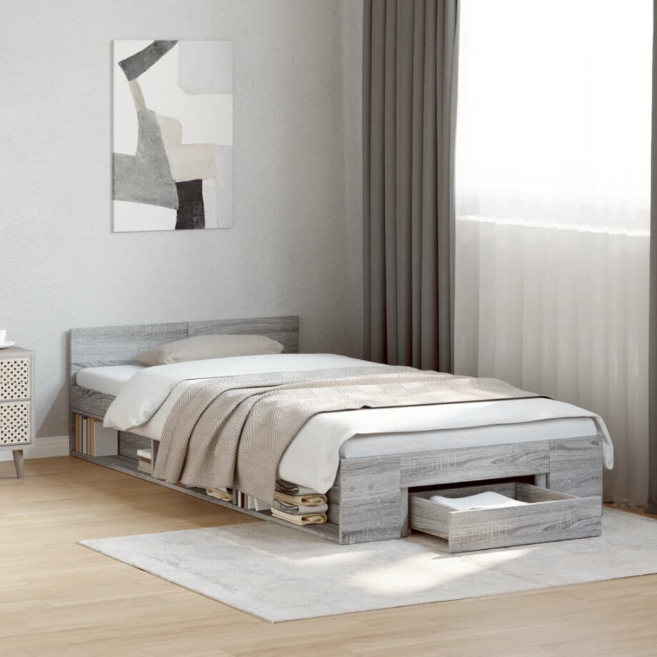 vidaXL Bedframe met lade bewerkt hout grijs sonoma eiken 75x190 cm afbeelding 1