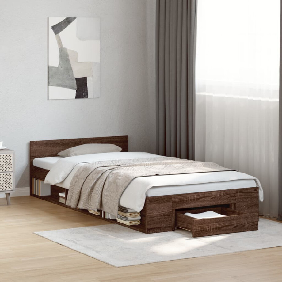vidaXL Bedframe met lade bewerkt hout bruin eikenkleurig 75x190 cm vidaXL Bedframe met lade bewerkt hout bruin eikenkleurig 75x190 cm afbeelding 1