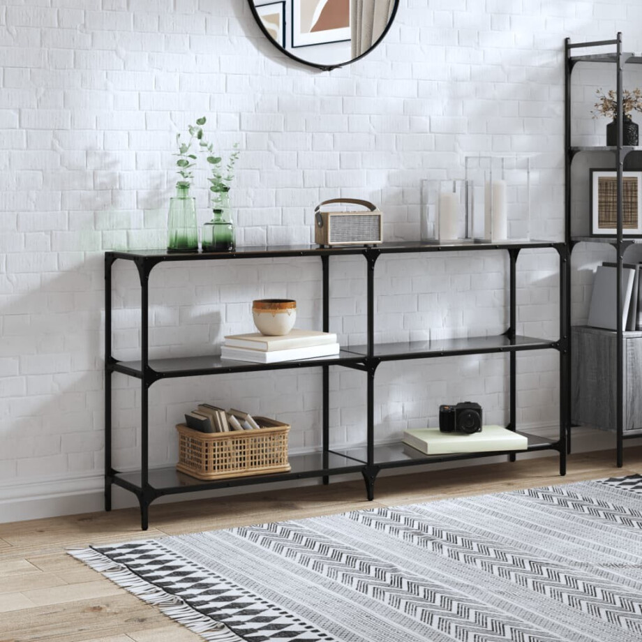 vidaXL Wandtafel met zwart glazen blad 158,5x30x81 cm staal afbeelding 1