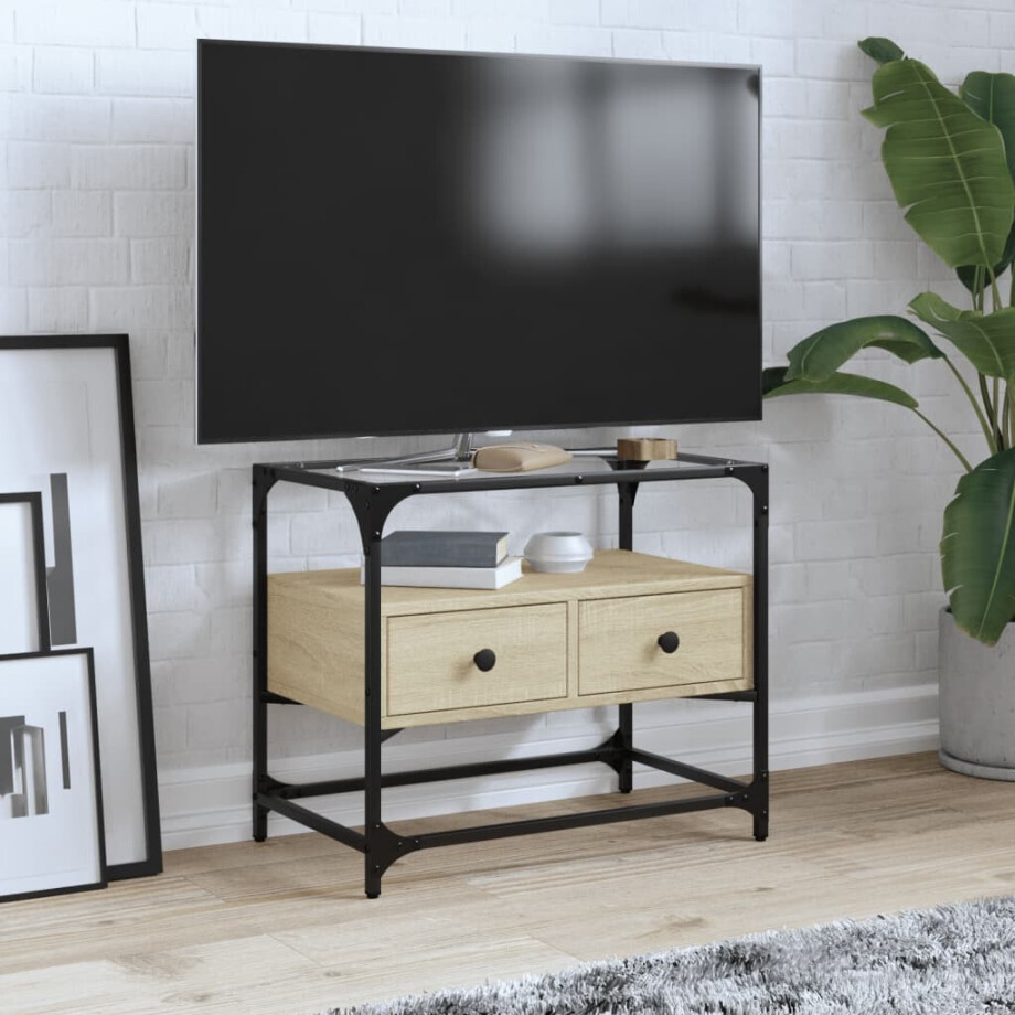 vidaXL Tv-meubel met glazen blad 60x35x51 cm bewerkt hout sonoma eiken afbeelding 1