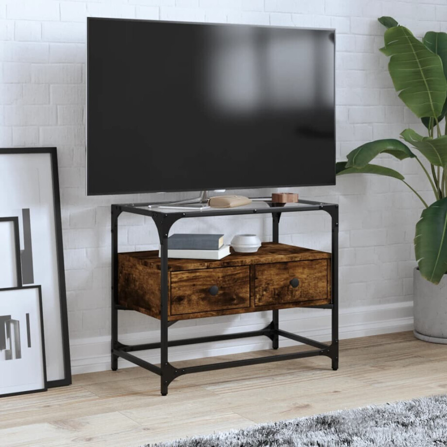 vidaXL Tv-meubel met glazen blad 60x35x51 cm hout gerookt eikenkleurig afbeelding 1