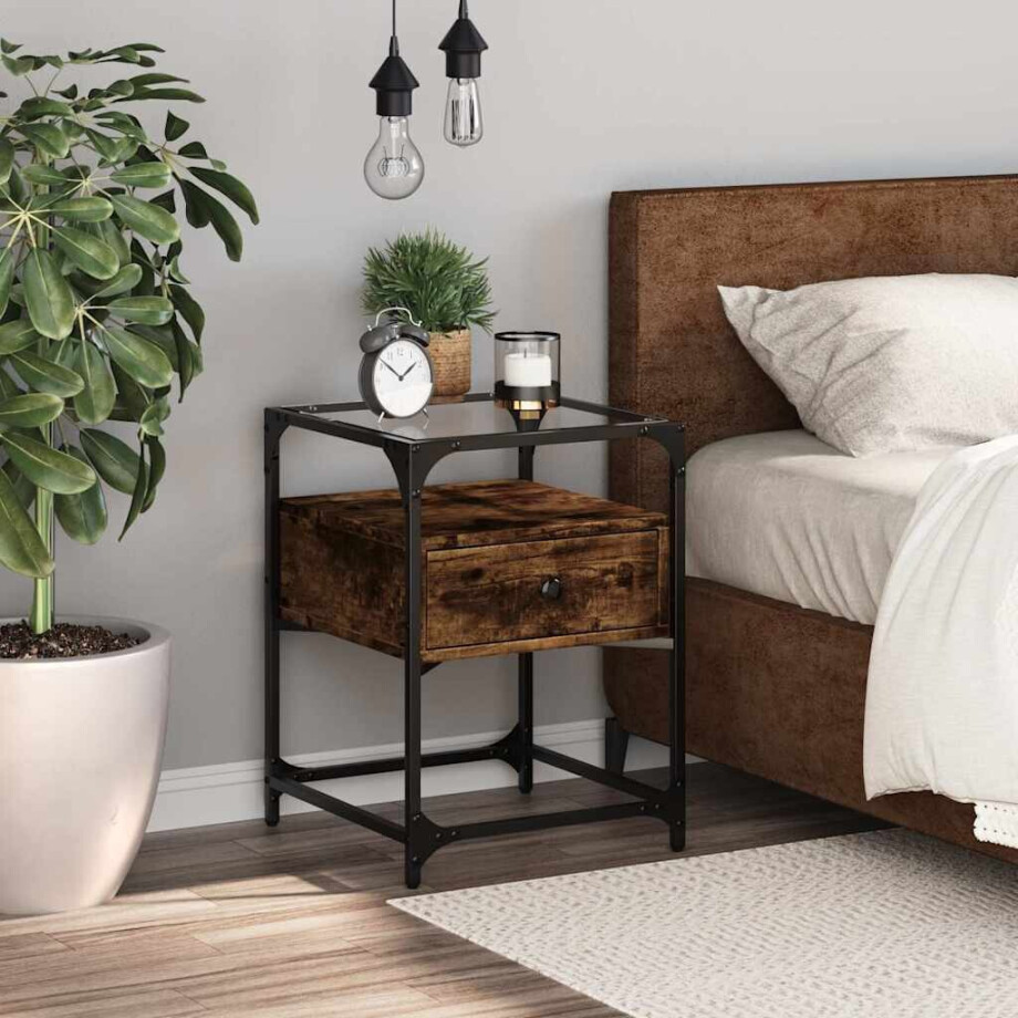 vidaXL Nachtkastje 40x40x55 cm bewerkt hout gerookt eikenkleurig afbeelding 1