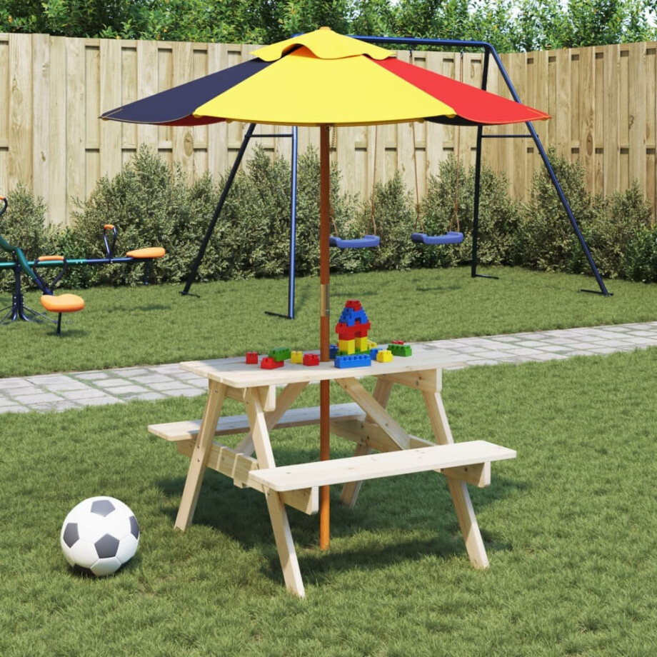 vidaXL Picknicktafel voor 4 kinderen met parasol massief vurenhout vidaXL Picknicktafel voor 4 kinderen met parasol massief vurenhout afbeelding 1