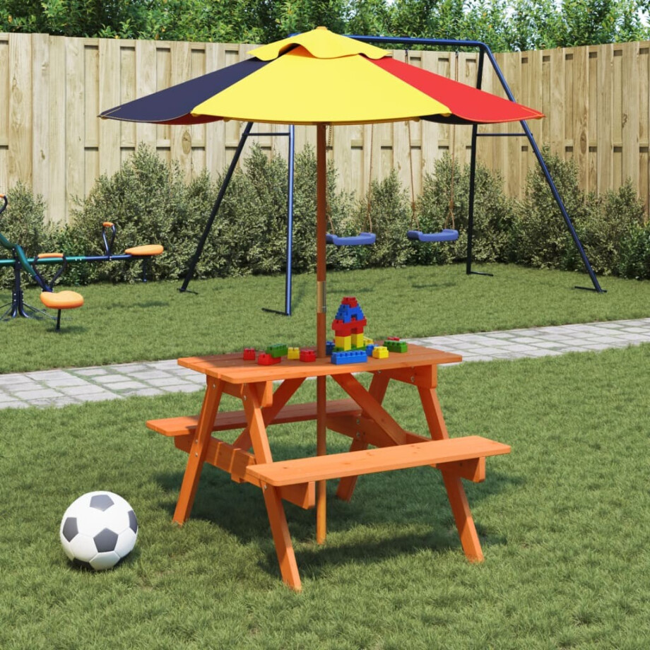 vidaXL Picknicktafel voor 4 kinderen met parasol massief vurenhout afbeelding 1
