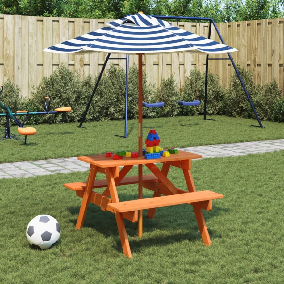 vidaXL Picknicktafel voor 4 kinderen met parasol massief vurenhout afbeelding 1