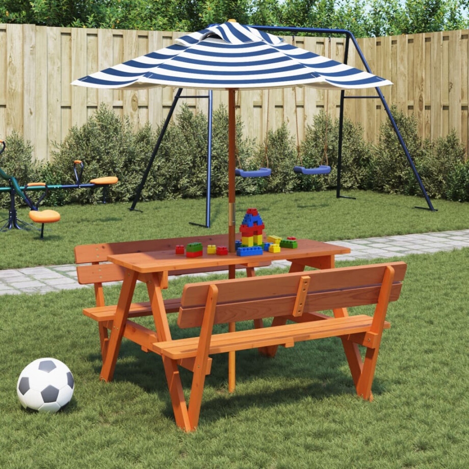 vidaXL Picknicktafel voor 4 kinderen met parasol massief vurenhout vidaXL Picknicktafel voor 4 kinderen met parasol massief vurenhout afbeelding 1