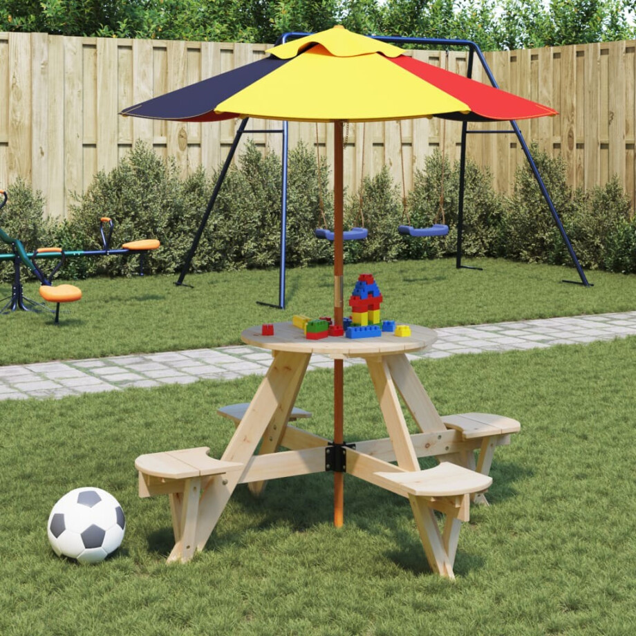vidaXL Picknicktafel voor 4 kinderen met parasol rond vurenhout vidaXL Picknicktafel voor 4 kinderen met parasol rond vurenhout afbeelding 1