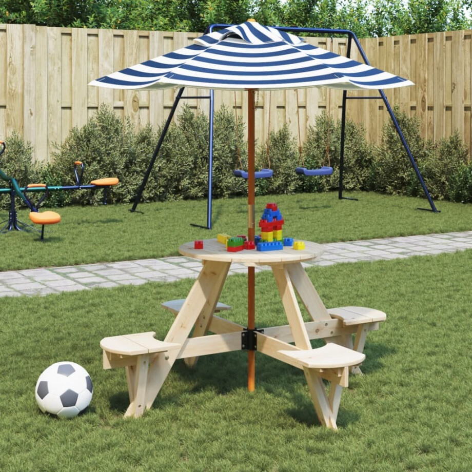 vidaXL Picknicktafel voor 4 kinderen met parasol rond vurenhout afbeelding 1