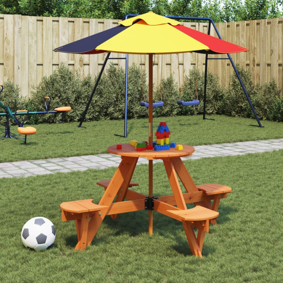 vidaXL Picknicktafel voor 4 kinderen met parasol rond vurenhout vidaXL Picknicktafel voor 4 kinderen met parasol rond vurenhout afbeelding 1