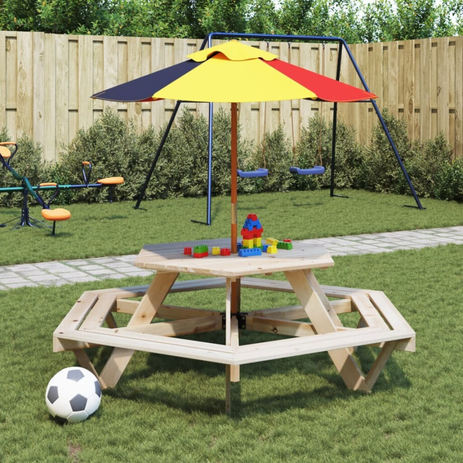 vidaXL Picknicktafel voor 4 kinderen met parasol zeshoekig vurenhout vidaXL Picknicktafel voor 4 kinderen met parasol zeshoekig vurenhout afbeelding 1