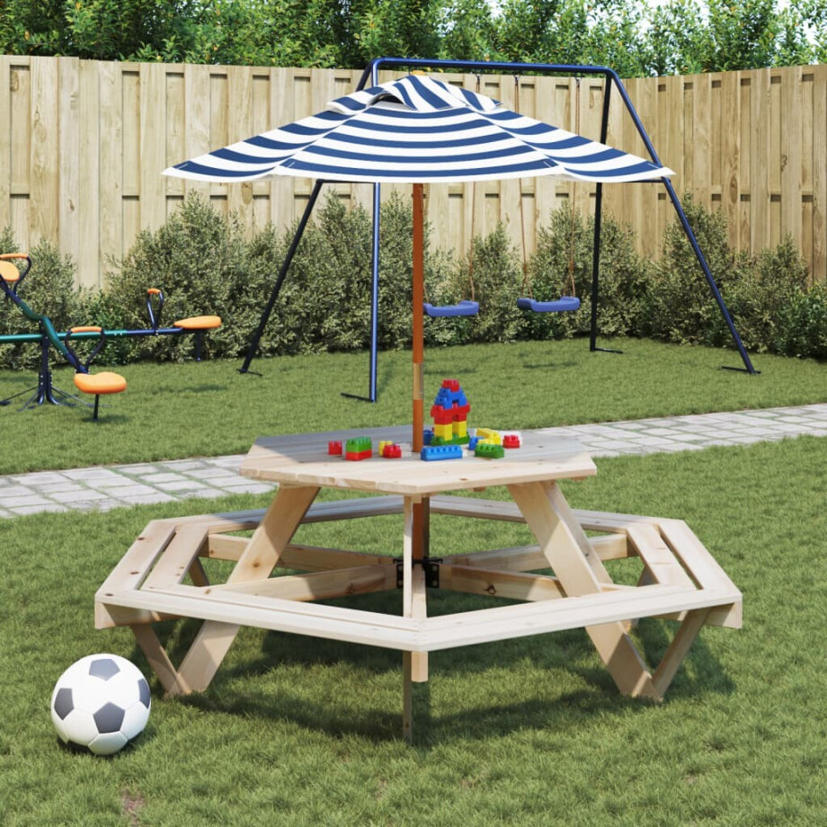 vidaXL Picknicktafel voor 4 kinderen met parasol zeshoekig vurenhout vidaXL Picknicktafel voor 4 kinderen met parasol zeshoekig vurenhout afbeelding 1