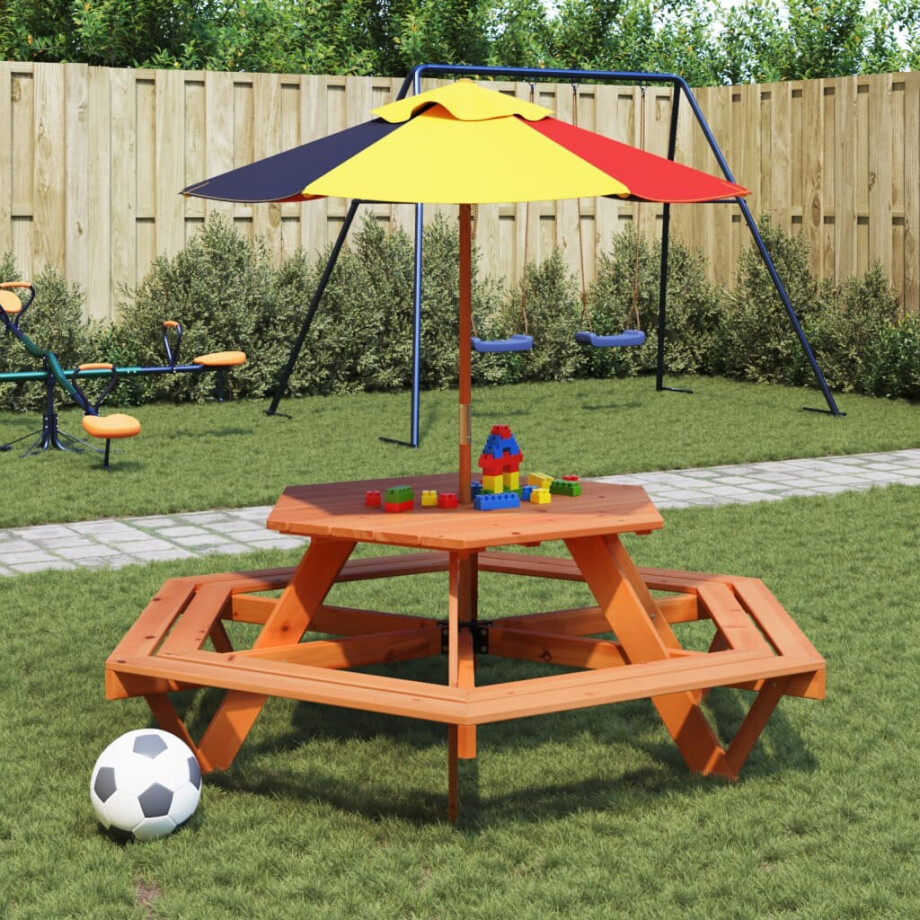 vidaXL Picknicktafel voor 4 kinderen met parasol zeshoekig vurenhout afbeelding 1
