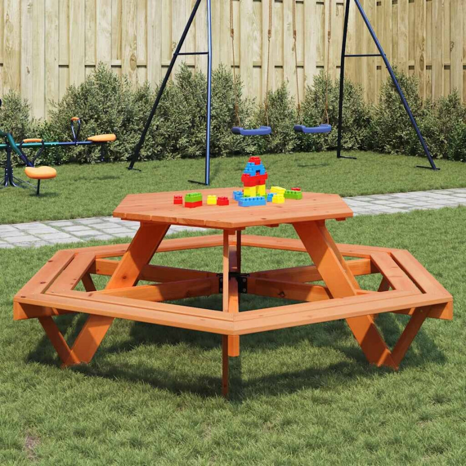 vidaXL Picknicktafel voor 6 kinderen met banken zeshoekig vurenhout afbeelding 1