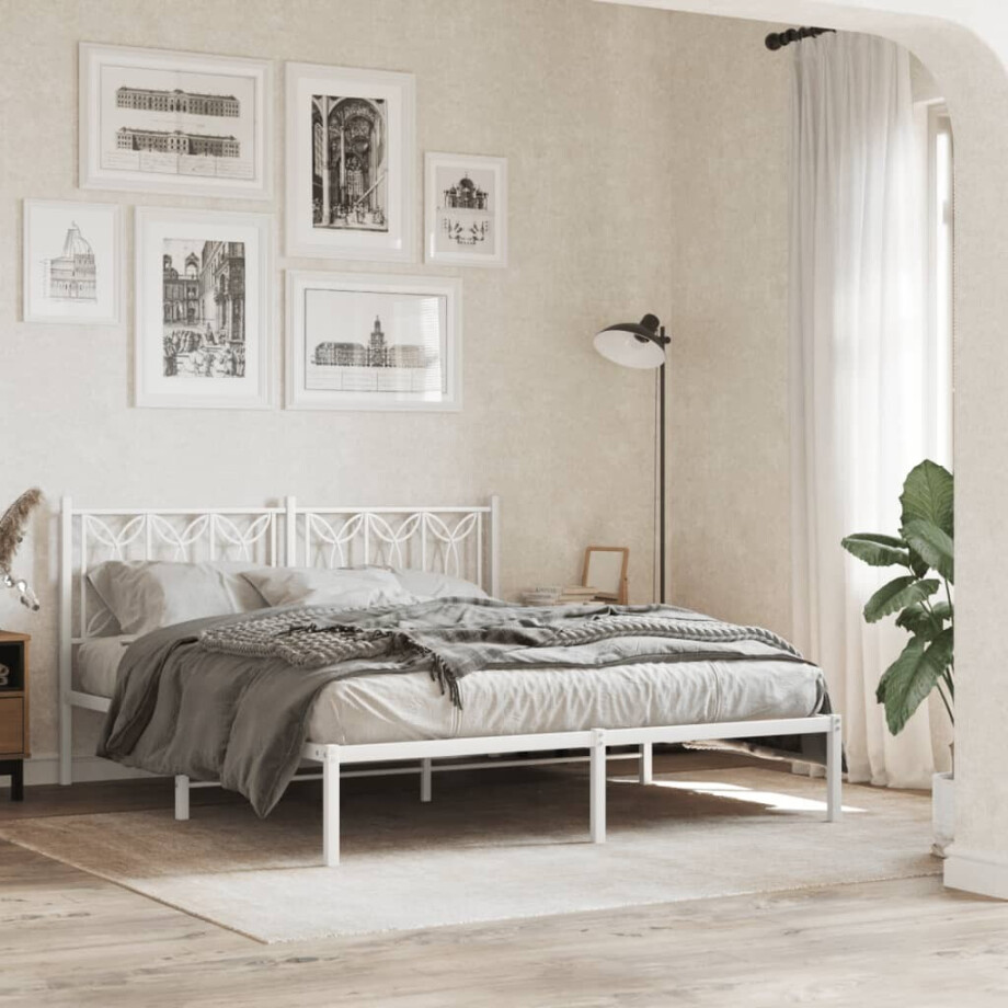 vidaXL Bedframe met hoofdbord metaal wit 150x200 cm afbeelding 1