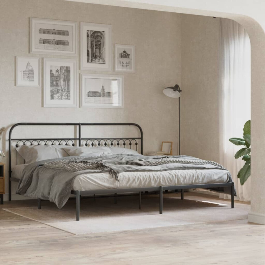 vidaXL Bedframe met hoofdbord metaal zwart 193x203 cm afbeelding 1