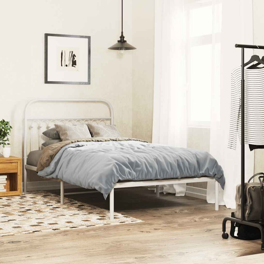 vidaXL Bedframe met hoofdbord metaal wit 107x203 cm afbeelding 1