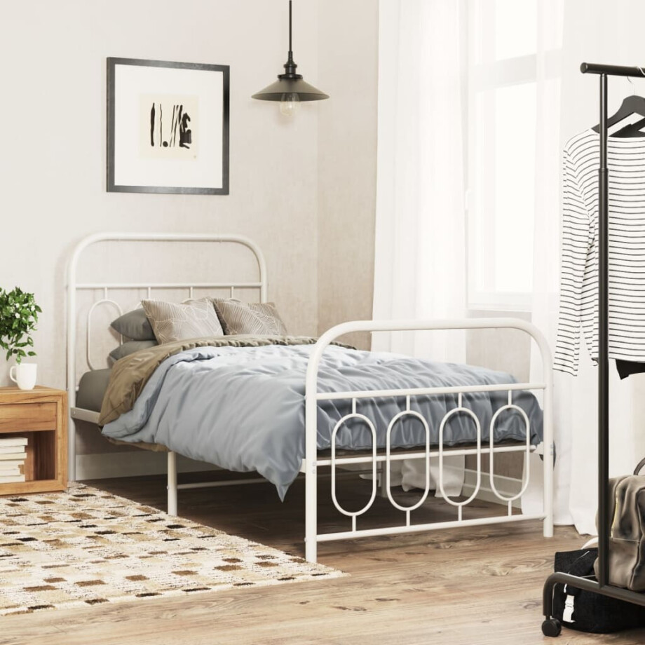 vidaXL Bedframe met hoofd- en voeteneinde metaal wit 90x200 cm afbeelding 1