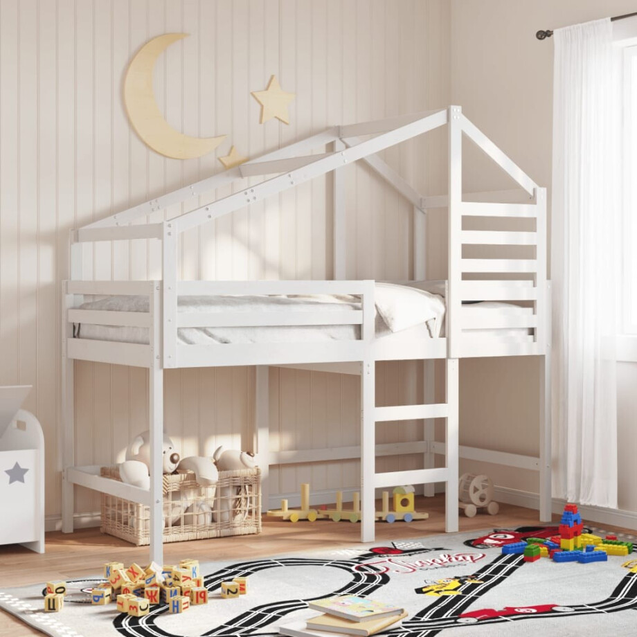 vidaXL Halfhoogslaper met ladder en bedhuis grenenhout wit 80x200 cm afbeelding 1