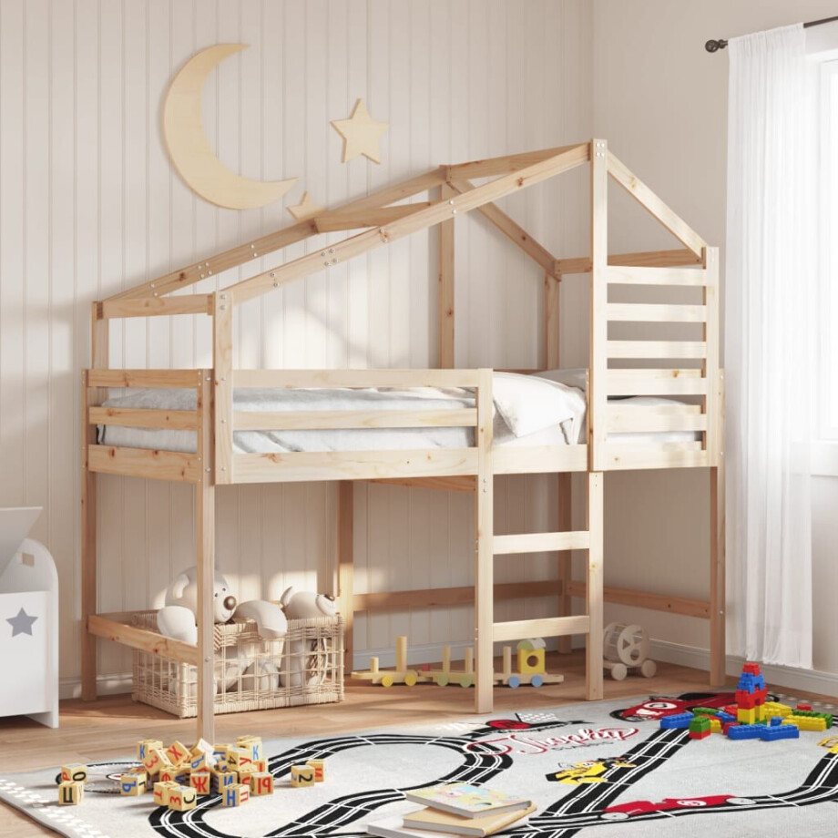 vidaXL Halfhoogslaper met ladder en bedhuis grenenhout 90x190 cm afbeelding 1